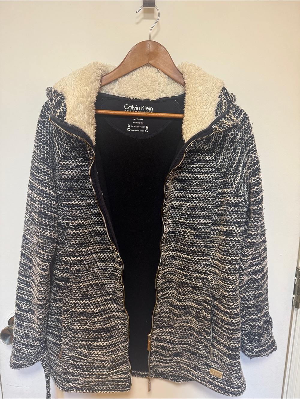 Calvin Klein Black & Cream Knit Hooded Teddy Jacket